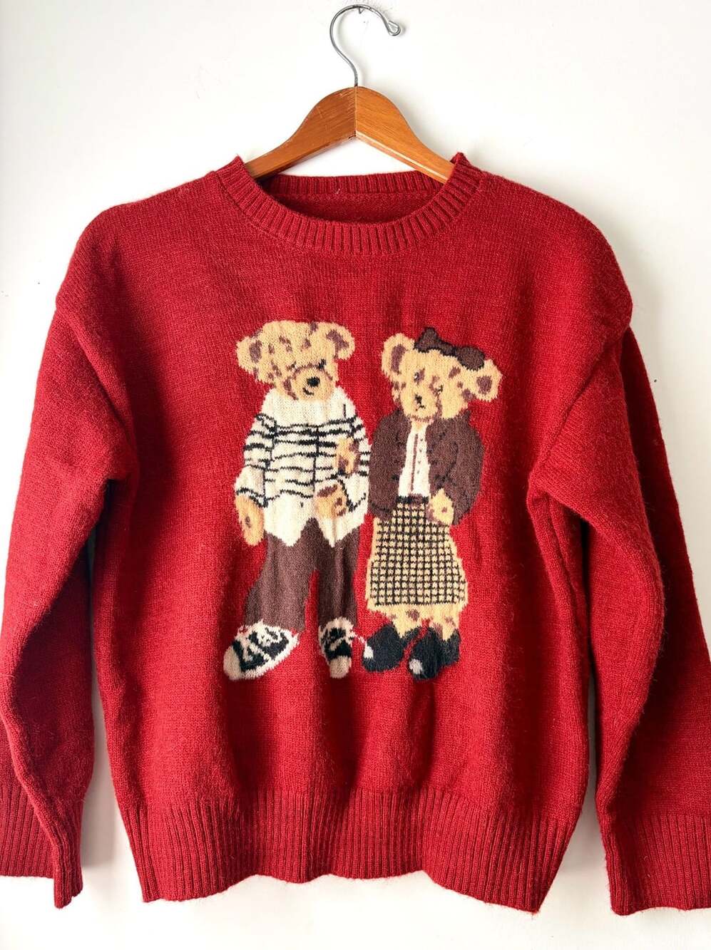 Teddy Bear Couple Red Novelty Knit Sweater Retro Cute Graphic Casual Unisex Styl